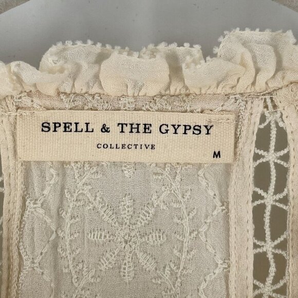 Spell Loves Me Not Embroidered Button Front Boho Cream Cotton Blouse Top Medium - Picture 8 of 10